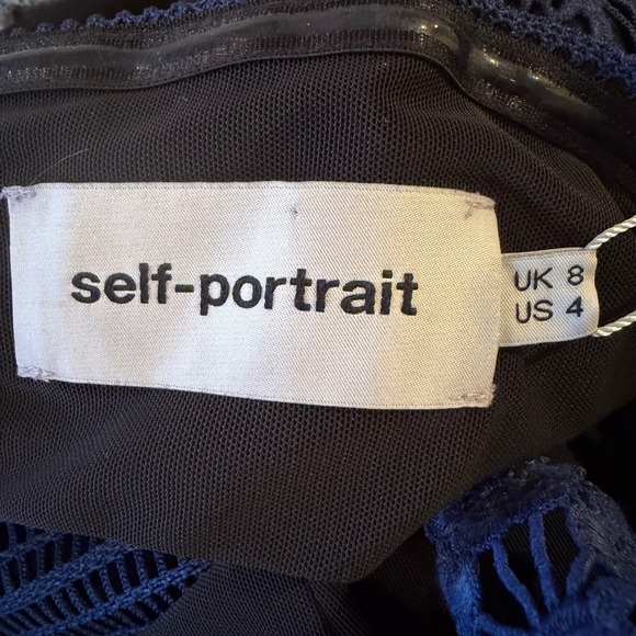 Self-Portrait Angelique Frilled Split Front Dress Women's 4 Black Navy Luxury - Picture 13 of 14